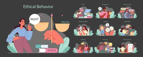 Ethical Behavior set. Balancing truth and rightness, exploring transparency in decisions. vector