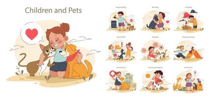 Children and pets set. Exploring responsibilities and joys of pet ownership vector