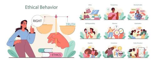 Ethical Behavior set. Balancing truth and rightness, exploring transparency vector