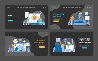 Wi-Fi network web or landing set. Specialist setting up, developing vector