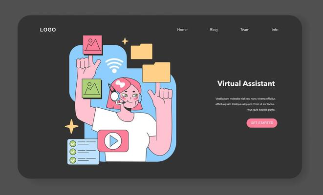 Engaged virtual assistant manages multimedia elements. Flat vector illustration