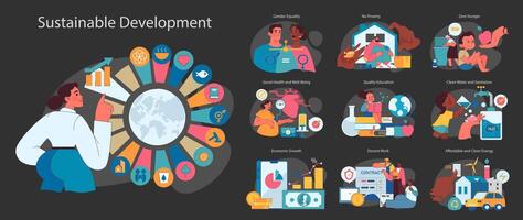 SDG or sustainable development goals dark or night mode set. Global vector