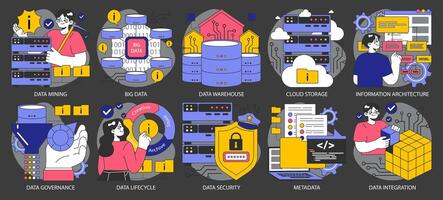 Information management dark or night mode set. Data mining, storage vector