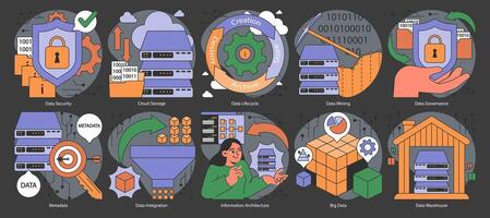 Information management dark or night mode set. Data mining, storage vector