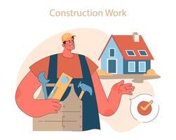 Construction work. A smiling worker with tools highlights home vector