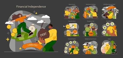 Financial independence set. Steps to wealth, managing debt, and smart savings. vector
