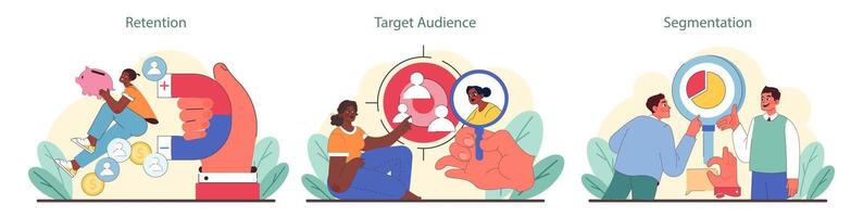 Customer lifecycle set. Visual guide to client retention, identifying target audience, and market segmentation. vector