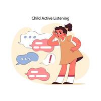 Active listening concept. Curious child with speech bubbles, eager to hear vector