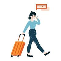 Professional woman with luggage in motion, talking on the phone, representing connectivity and work on-the-go vector