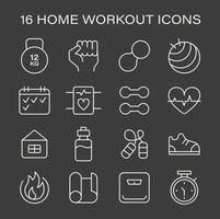 Essential Home Workout Icons set. Symbols represent key fitness elements like weights. vector