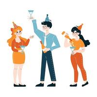 un diverso trío de colegas celebra, tostado con bebidas y fiesta sombreros, significando trabajo en equipo y éxito vector