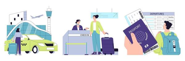 personas en el aeropuerto colocar. caracteres con un maleta registrándose en un vuelo vector
