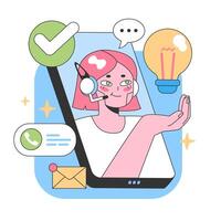 Virtual assistant emerges from smartphone screen. Flat vector illustration