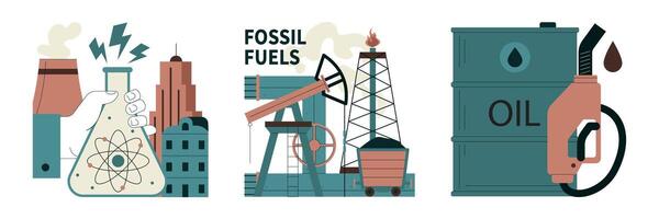 Fossil fuel set. Fossil resources extraction and its impact on climate change. vector