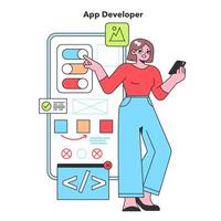 An App Developer taps into technology to create engaging mobile applications, showcasing the innovative spirit of software development in the digital age. vector