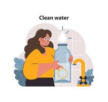 Clean water. Woman pouring clean water from faucet. SDG or sustainable vector