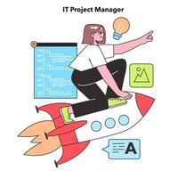 An IT Project Manager propels projects forward with vision and innovation, symbolized by a rocket, highlighting the dynamic nature of managing tech initiatives. vector