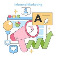 Dynamic representation of inbound marketing strategies, showcasing megaphone, growth graph, and user engagement icons. Flat vector illustration