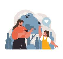 madre y hija compartiendo un alegre momento con aves en naturaleza. plano vector ilustración