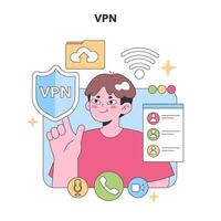 A virtual team member showcases secure VPN. Flat vector illustration