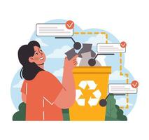 Woman participating in waste separation. Flat vector illustration.