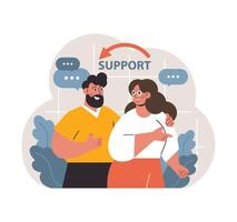 Two diverse colleagues share a supportive moment. Flat vector illustration