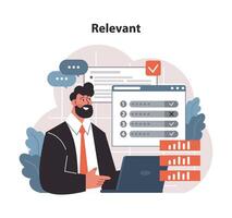 Focused professional emphasizing Relevant component of SMART objectives. Flat vector illustration