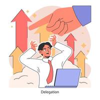 Delegation. Stressed businessman employee. Boss hand assign and control vector