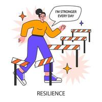 Resilience. Confident woman steps over hurdles. Determined female vector