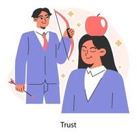 Man with a bow showcases trust, aiming near a woman with an apple vector