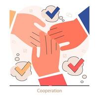 Cooperation. Hands joint or put together. Shared goals, vector