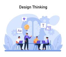 Design Thinking process illustration. Team collaborates on creative solutions, surrounded by symbols of innovation, communication, and design elements vector