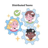 Diverse team members in cogwheels represent collaboration in distributed vector