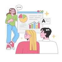 Three professionals evaluate data. Flat vector illustration