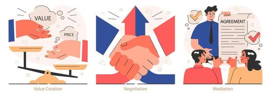 Win-win set. Professionals, employees navigate challenges, finding mutual vector