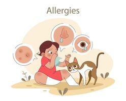 Allergies concept. A child experiences common symptoms around a cat, vector