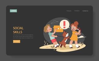 Social Skills dark or night mode web, landing. Children with pets learn vector