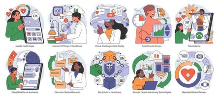 Healthcare technology set. Flat vector illustration.