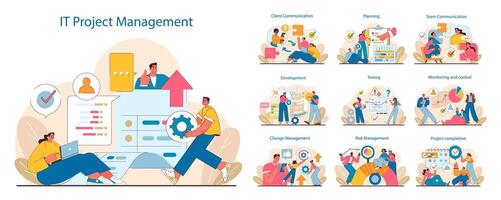 IT project management set. Stages from planning to execution displayed in sequential illustrations. vector