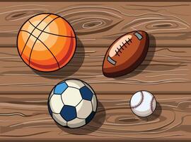 Vector hand drawn different sports balls on the wooden floor