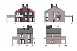 Set of detailed private house facade elements, architectural technical drawing, vector