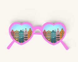 Heart shaped pink mirror glasses with old european buildings. Travel concept vector