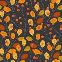 Autumn warm vector seamless  pattern with hand drawn leaves, berries and branches.