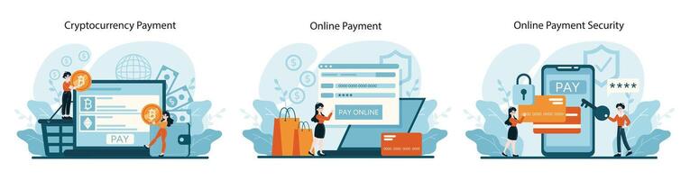 Showcasing cryptocurrency transactions, online purchases, and security features vector