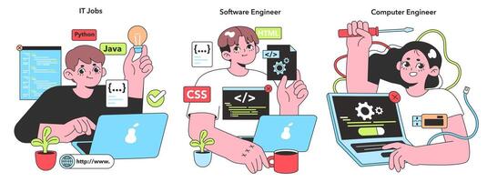 Vibrant vector illustration capturing IT professionals in their element, from coding in Python to engineering computers, embodying the spirit of tech innovation.