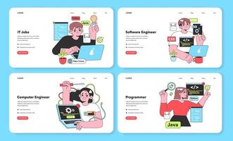 un creativo y informativo diseño presentando vector ilustraciones de eso profesionales un ingenioso eso trabajo buscador, un innovador software ingeniero, un enfocado computadora ingeniero, y un orientado al detalle