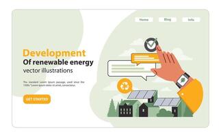 Hand points to dialogue on renewable energy development. Flat vector illustration.