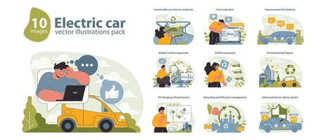 eléctrico coche vector ilustraciones embalar. un exhaustivo conjunto de visuales explorador eléctrico vehículo tecnología.