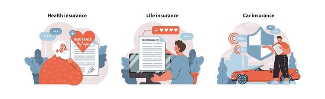 Insurance essentials set. Visual guide for health, life, and car insurance policies. vector