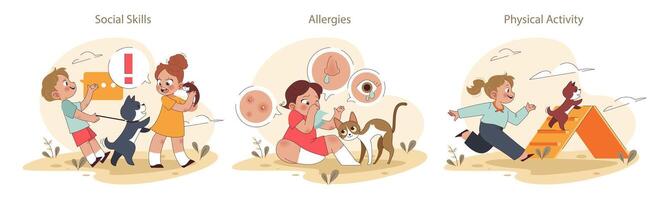 Children and pets set. Exploring responsibilities and joys of pet ownership vector